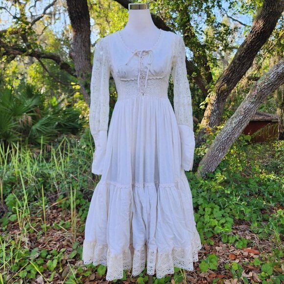 Vintage Gunne Sax Cotton Lace‎ Bridal Cottagecore Lace Up Dress Prairie Boho 5 - Picture 1 of 16